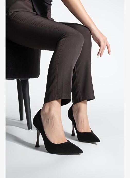 Kadın Stiletto Sivri Burun Ahşap Ökçe Desenli Topuklu Ayakkabı Oplin Siyah Süet - Görsel 3