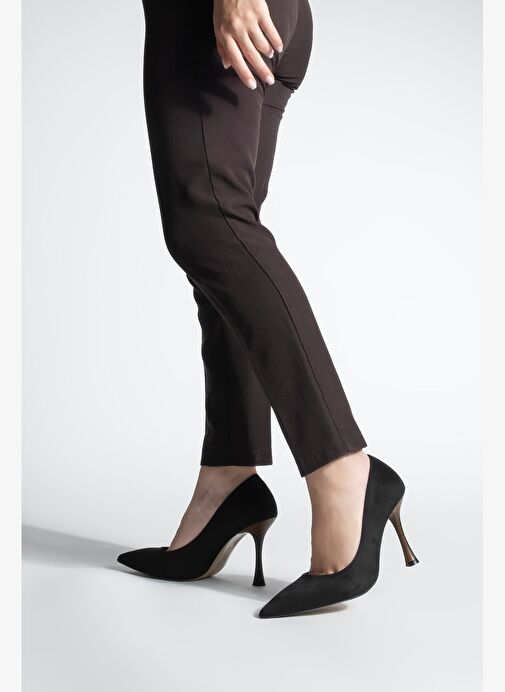 Kadın Stiletto Sivri Burun Ahşap Ökçe Desenli Topuklu Ayakkabı Oplin Siyah Süet - Görsel 5