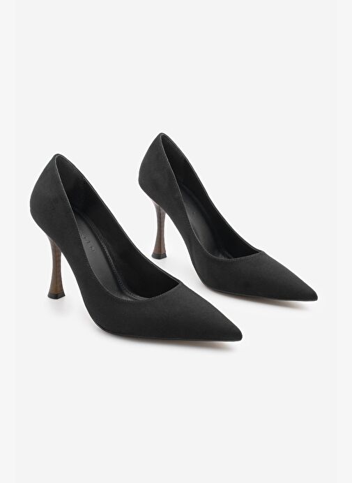 Kadın Stiletto Sivri Burun Ahşap Ökçe Desenli Topuklu Ayakkabı Oplin Siyah Süet - Görsel 6