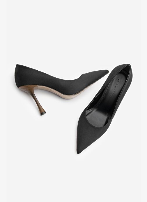 Kadın Stiletto Sivri Burun Ahşap Ökçe Desenli Topuklu Ayakkabı Oplin Siyah Süet - Görsel 9