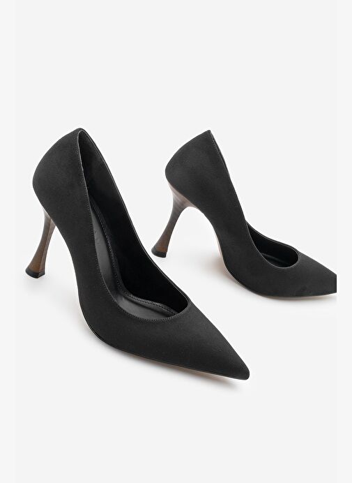 Kadın Stiletto Sivri Burun Ahşap Ökçe Desenli Topuklu Ayakkabı Oplin Siyah Süet - Görsel 2