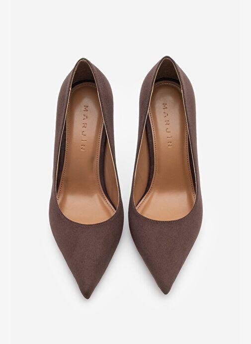 Kadın Stiletto Sivri Burun Ahşap Ökçe Desenli Topuklu Ayakkabı Oplin Kahve Süet - Görsel 6