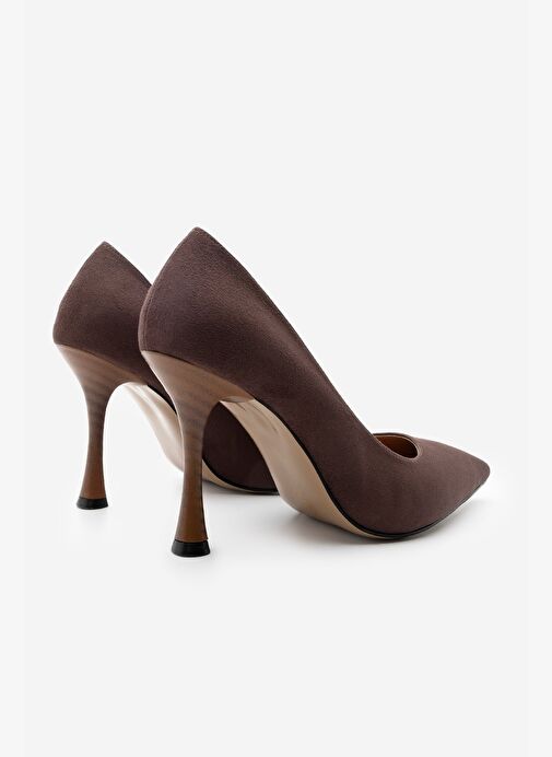 Kadın Stiletto Sivri Burun Ahşap Ökçe Desenli Topuklu Ayakkabı Oplin Kahve Süet - Görsel 8