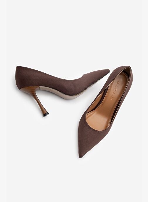 Kadın Stiletto Sivri Burun Ahşap Ökçe Desenli Topuklu Ayakkabı Oplin Kahve Süet - Görsel 9