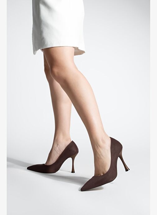 Kadın Stiletto Sivri Burun Ahşap Ökçe Desenli Topuklu Ayakkabı Oplin Kahve Süet - Görsel 5