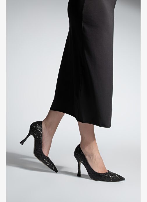 Kadın Stiletto Sivri Burun Yılan Desenli Topuklu Ayakkabı Filoz Siyah Yılan - Görsel 6