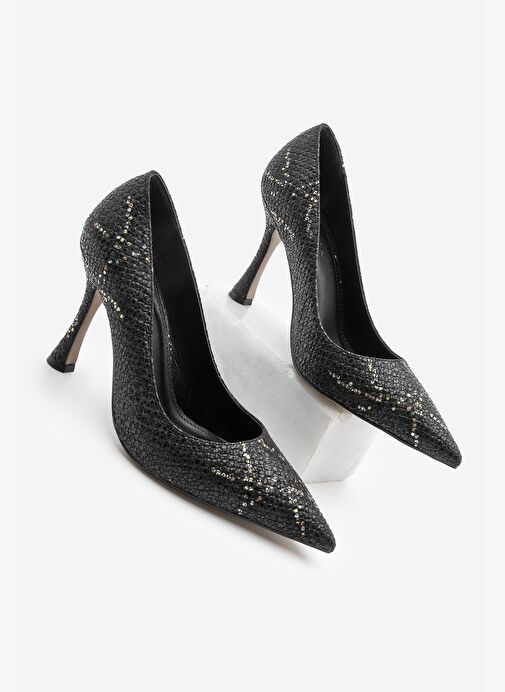 Kadın Stiletto Sivri Burun Yılan Desenli Topuklu Ayakkabı Filoz Siyah Yılan - Görsel 4