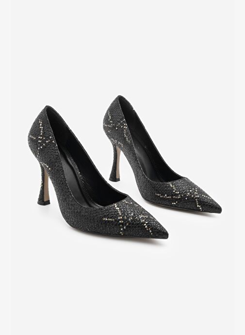 Kadın Stiletto Sivri Burun Yılan Desenli Topuklu Ayakkabı Filoz Siyah Yılan - Görsel 3