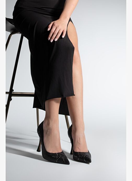 Kadın Stiletto Sivri Burun Yılan Desenli Topuklu Ayakkabı Filoz Siyah Yılan - Görsel 5