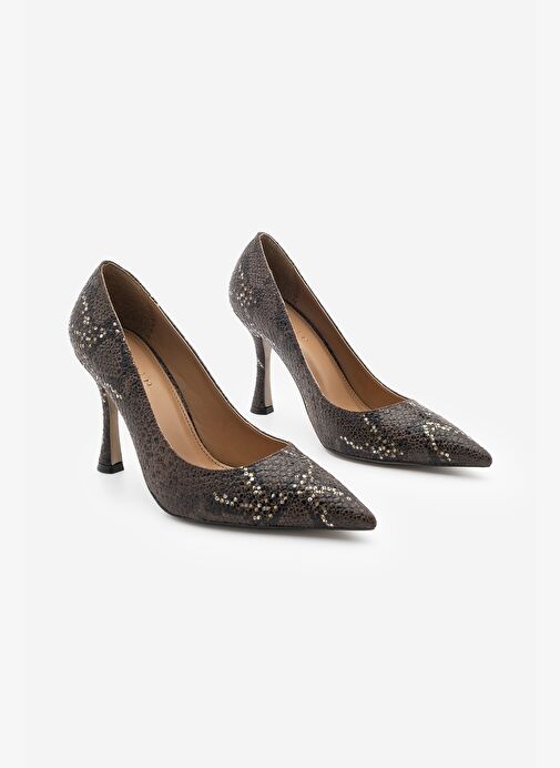 Kadın Stiletto Sivri Burun Yılan Desenli Topuklu Ayakkabı Filoz Kahve Yılan - Görsel 3