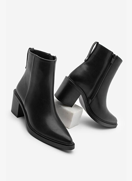 Kadın Sivri Burun Fermuarlı Kalın Topuklu Bot Belza Siyah - Görsel 2