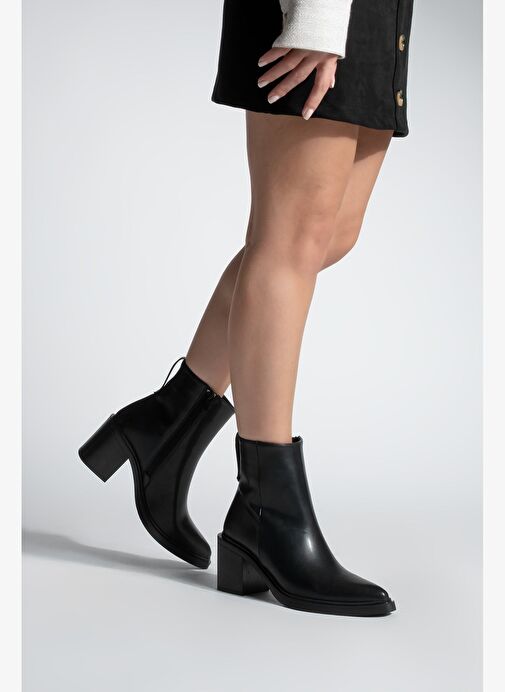 Kadın Sivri Burun Fermuarlı Kalın Topuklu Bot Belza Siyah - Görsel 7