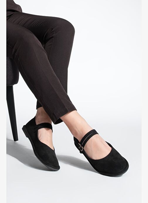 Kadın Çift Bantlı Tokalı Süet Babet Benus Siyah Süet - Görsel 3