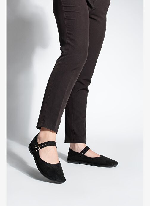 Kadın Çift Bantlı Tokalı Süet Babet Benus Siyah Süet - Görsel 5