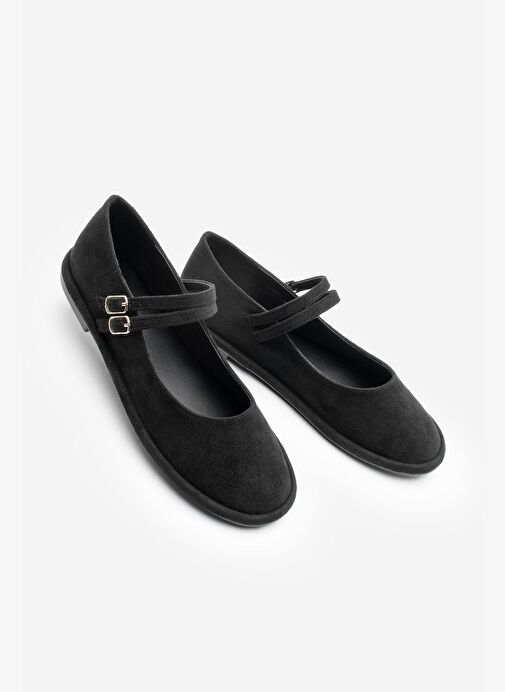 Kadın Çift Bantlı Tokalı Süet Babet Benus Siyah Süet - Görsel 2