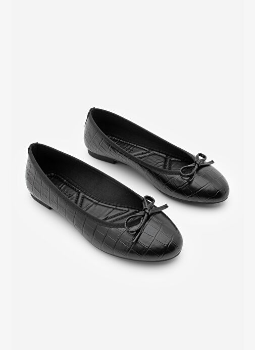 Kadın Yuvarlak Burun Balerin Fiyonklu Günlük Babet Lotvin Siyah Croco - Görsel 6