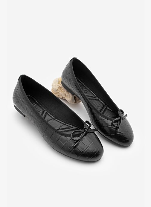 Kadın Yuvarlak Burun Balerin Fiyonklu Günlük Babet Lotvin Siyah Croco - Görsel 2