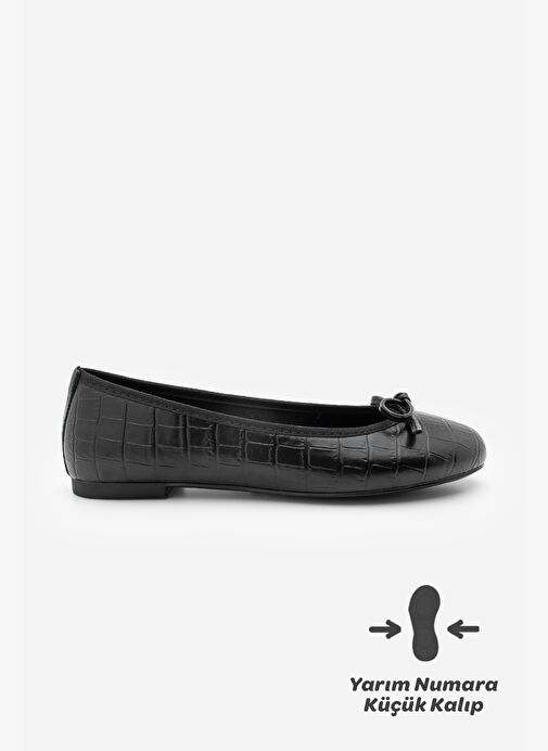 Kadın Yuvarlak Burun Balerin Fiyonklu Günlük Babet Lotvin Siyah Croco - Görsel 4