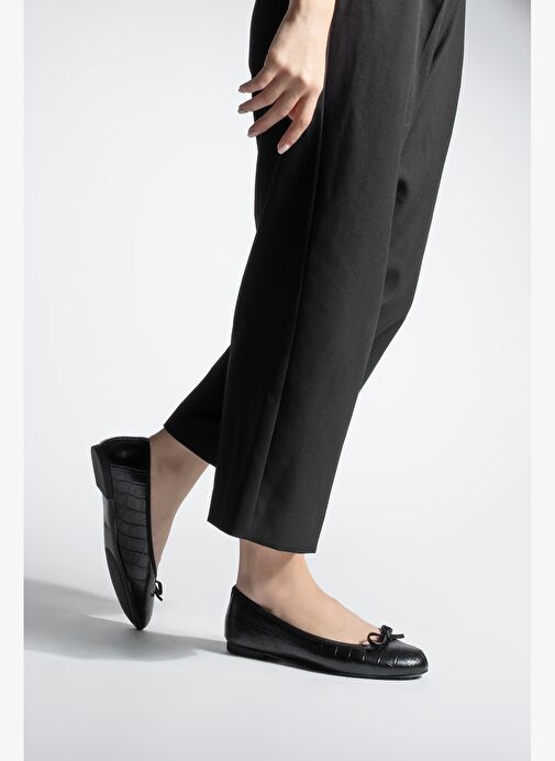 Kadın Yuvarlak Burun Balerin Fiyonklu Günlük Babet Lotvin Siyah Croco - Görsel 5