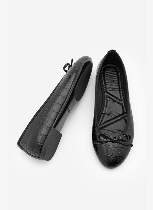 Kadın Yuvarlak Burun Balerin Fiyonklu Günlük Babet Lotvin Siyah Croco - Görsel 8