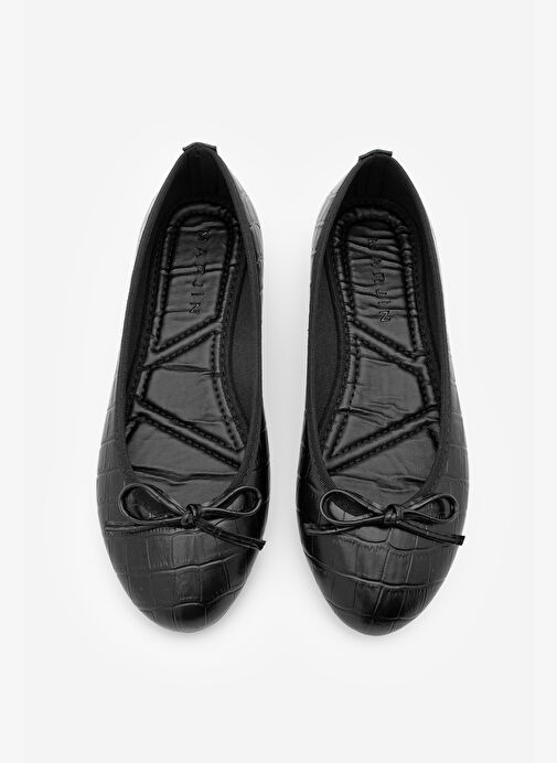 Kadın Yuvarlak Burun Balerin Fiyonklu Günlük Babet Lotvin Siyah Croco - Görsel 7