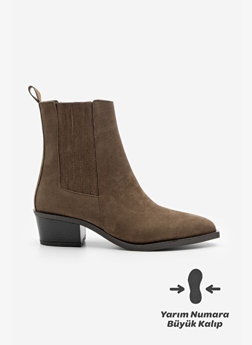 Kadın Sivri Burun Kalın Topuklu Chelsea Çift Lastikli Günlük Bot Losya Kahve Süet - Görsel 4