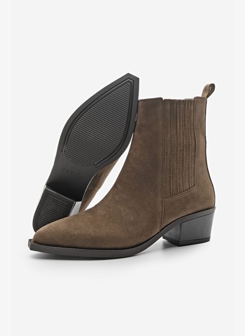 Kadın Sivri Burun Kalın Topuklu Chelsea Çift Lastikli Günlük Bot Losya Kahve Süet - Görsel 8