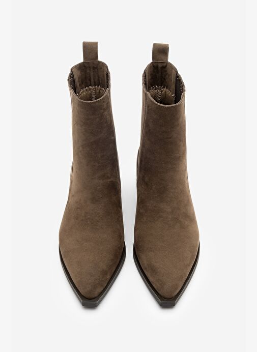 Kadın Sivri Burun Kalın Topuklu Chelsea Çift Lastikli Günlük Bot Losya Kahve Süet - Görsel 7