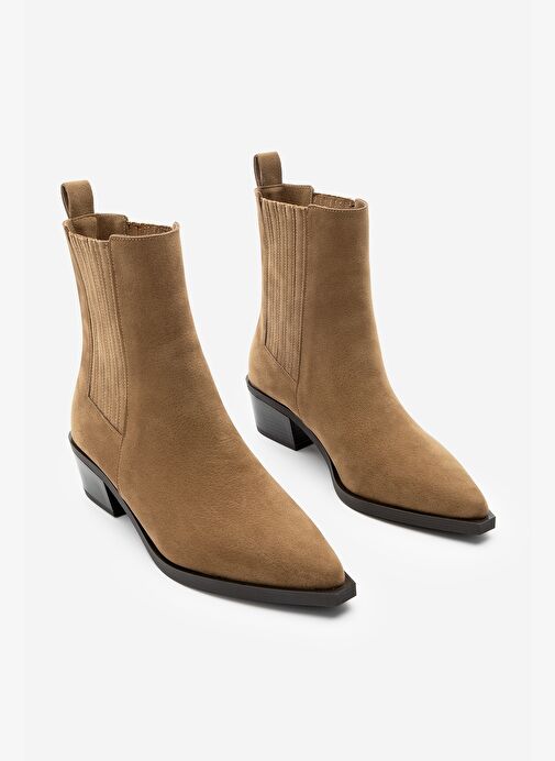 Kadın Sivri Burun Kalın Topuklu Chelsea Çift Lastikli Günlük Bot Losya Taba Süet - Görsel 6