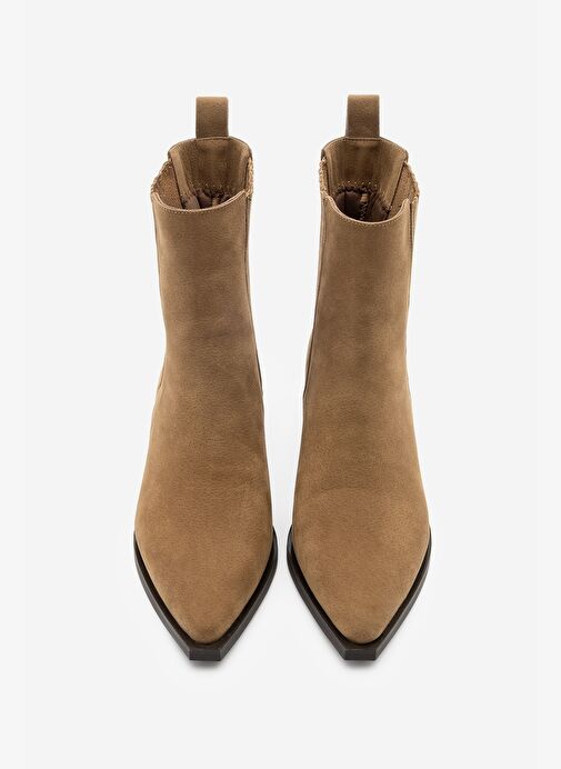 Kadın Sivri Burun Kalın Topuklu Chelsea Çift Lastikli Günlük Bot Losya Taba Süet - Görsel 7