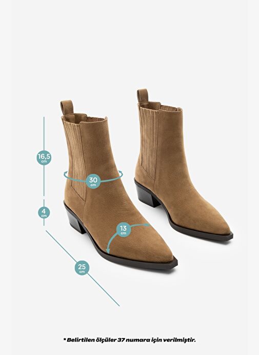 Kadın Sivri Burun Kalın Topuklu Chelsea Çift Lastikli Günlük Bot Losya Taba Süet - Görsel 9