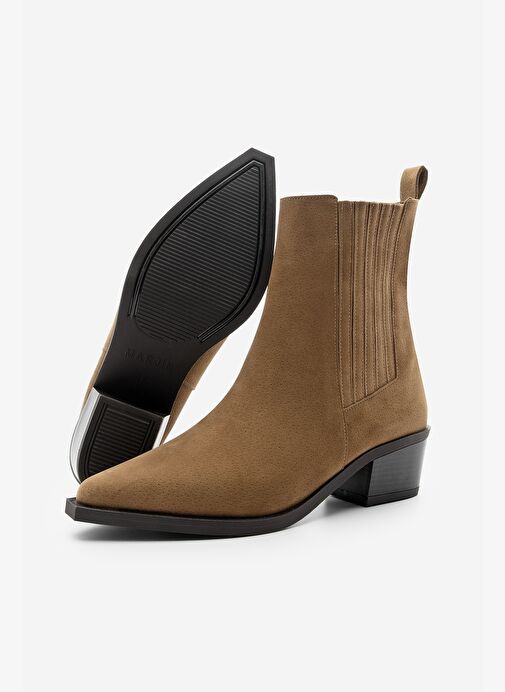 Kadın Sivri Burun Kalın Topuklu Chelsea Çift Lastikli Günlük Bot Losya Taba Süet - Görsel 8