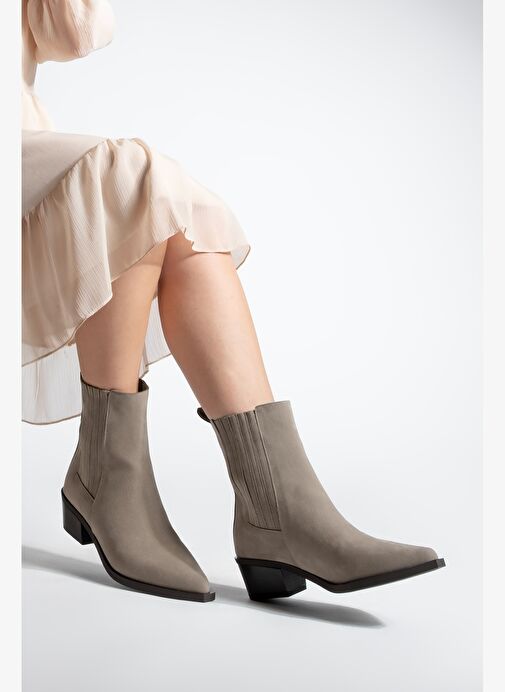 Kadın Sivri Burun Kalın Topuklu Chelsea Çift Lastikli Günlük Bot Losya Vizon Süet - Görsel 3