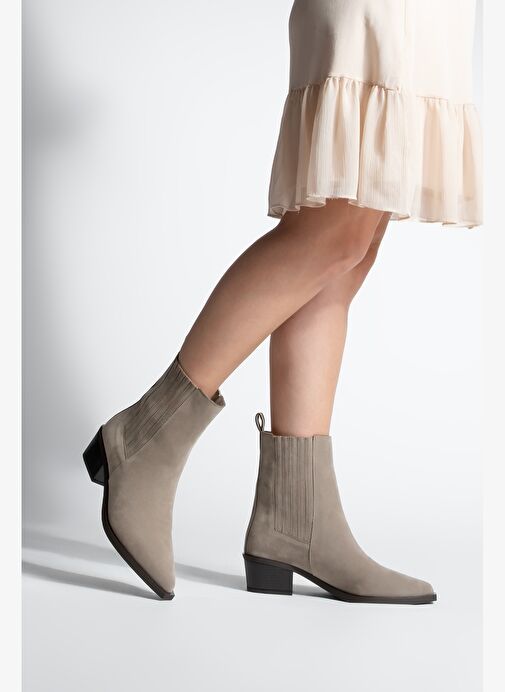 Kadın Sivri Burun Kalın Topuklu Chelsea Çift Lastikli Günlük Bot Losya Vizon Süet - Görsel 5