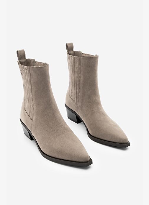 Kadın Sivri Burun Kalın Topuklu Chelsea Çift Lastikli Günlük Bot Losya Vizon Süet - Görsel 6