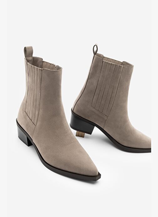 Kadın Sivri Burun Kalın Topuklu Chelsea Çift Lastikli Günlük Bot Losya Vizon Süet - Görsel 2