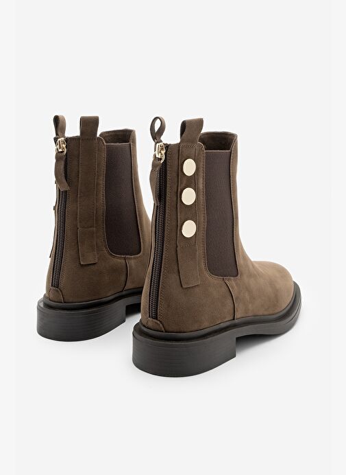 Kadın Altın Düğmeli Çift Lastikli Arkadan Fermuarlı Günlük Bot Valone Kahve Süet - Görsel 7