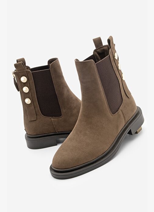 Kadın Altın Düğmeli Çift Lastikli Arkadan Fermuarlı Günlük Bot Valone Kahve Süet - Görsel 2