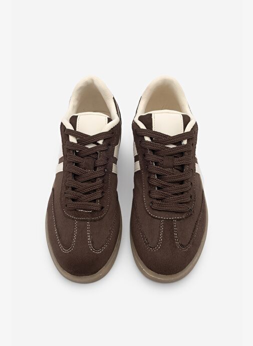Kadın Sneaker Bağcıklı Düz Taban Spor Ayakkabı Tiyone Kahve Süet - Görsel 5