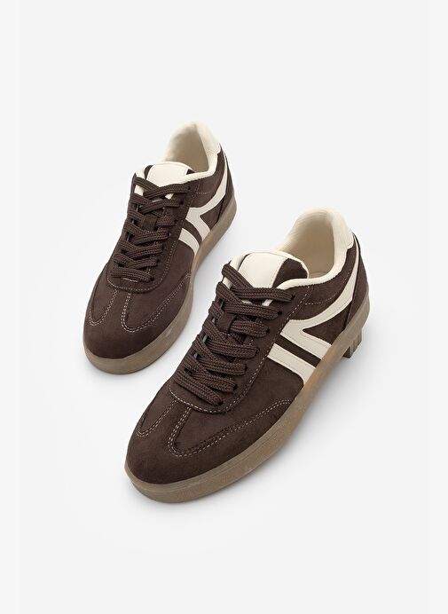 Kadın Sneaker Bağcıklı Düz Taban Spor Ayakkabı Tiyone Kahve Süet - Görsel 2