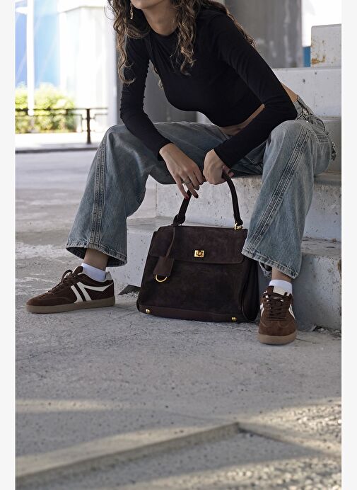 Kadın Sneaker Bağcıklı Düz Taban Spor Ayakkabı Tiyone Kahve Süet - Görsel 7