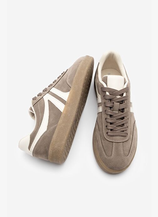 Kadın Sneaker Bağcıklı Düz Taban Spor Ayakkabı Tiyone Vizon Süet - Görsel 8