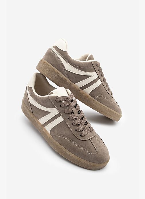 Kadın Sneaker Bağcıklı Düz Taban Spor Ayakkabı Tiyone Vizon Süet - Görsel 2
