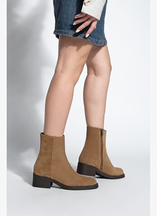 Kadın Fermuarlı Topuklu Günlük Bot Huna Taba Süet - Görsel 7