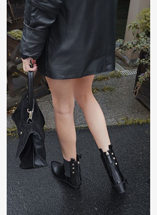 Kadın Sivri Burun Lastikli Kovboy Arkadan Fermuarlı Topuklu Western Bot Esoma Siyah - Görsel 3