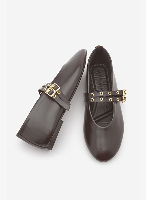 Kadın Çift Bantlı Zımbalı Günlük Babet Bekosa Kahve - Görsel 9