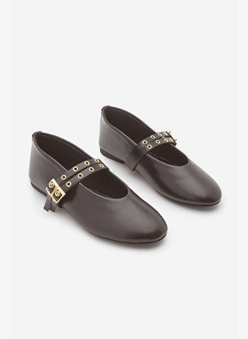 Kadın Çift Bantlı Zımbalı Günlük Babet Bekosa Kahve - Görsel 2