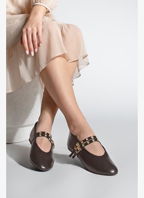 Kadın Çift Bantlı Zımbalı Günlük Babet Bekosa Kahve - Görsel 5