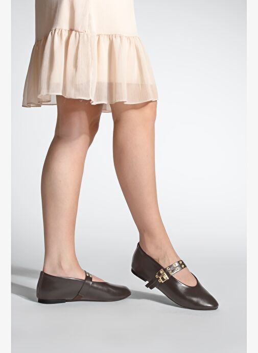 Kadın Çift Bantlı Zımbalı Günlük Babet Bekosa Kahve - Görsel 7