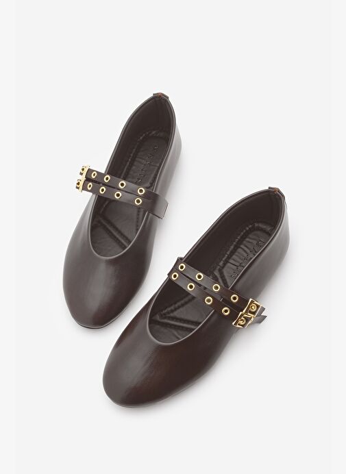 Kadın Çift Bantlı Zımbalı Günlük Babet Bekosa Kahve - Görsel 6